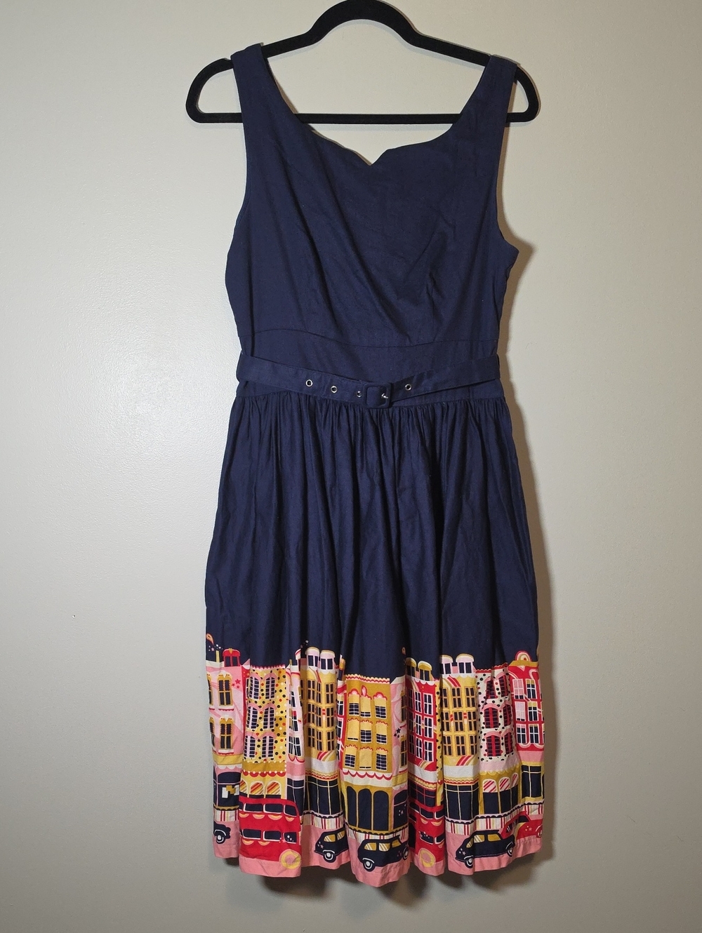 Lindy Bop Navy Midi Dress with Colorful City Border Print